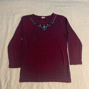 J. Crew Red and Blue Striped Top with Beaded Embellished jewel neck size XS